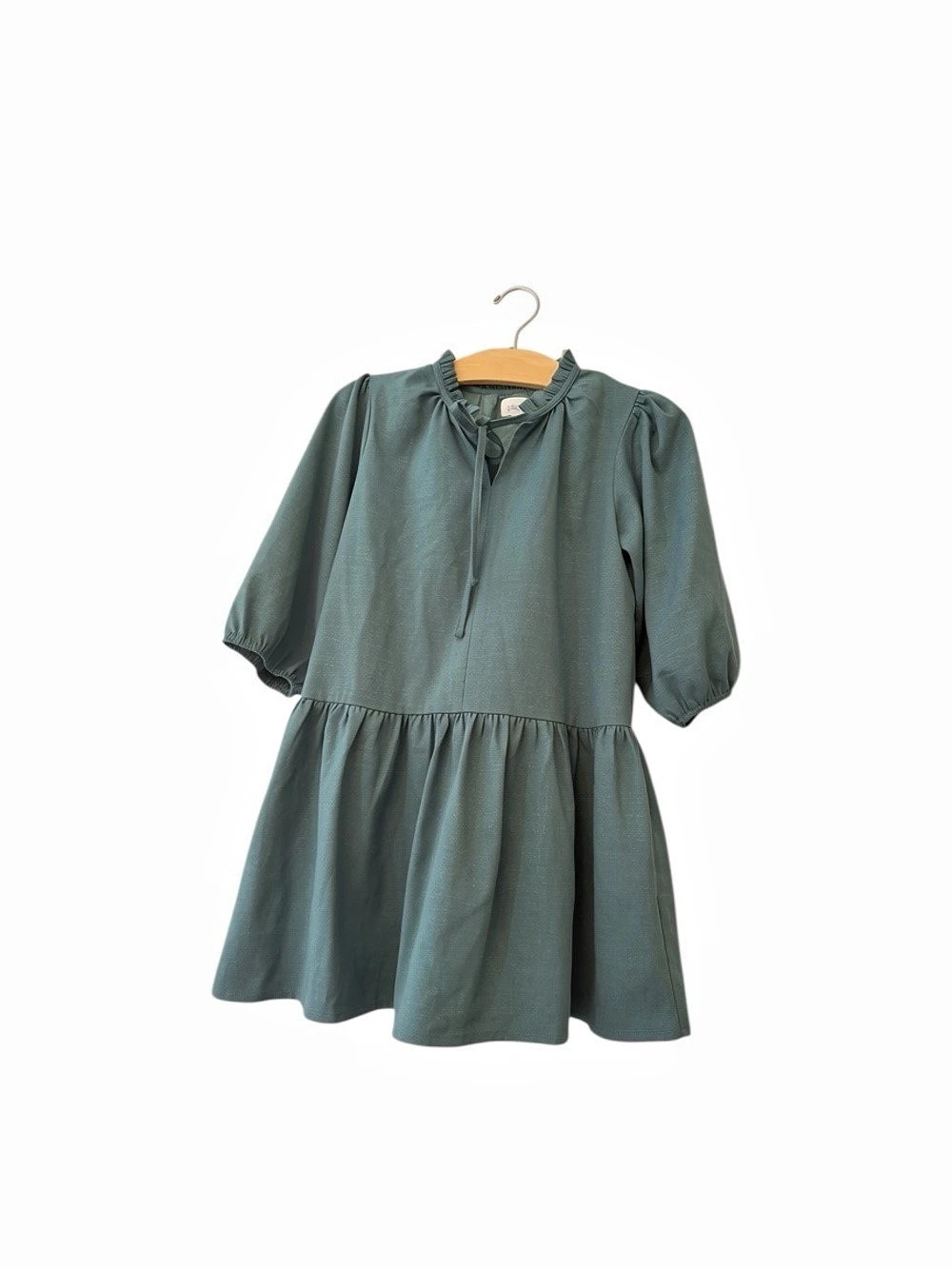 Pleat Green Ruffle V Tie Neck Puff Sleeve Drop Waist Dress Sz 12 Metallic